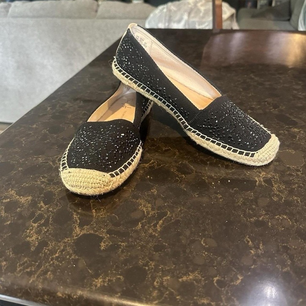 Franco Sarto Artists Collection Black Studded Espadrille Flats A-WHIP Size 7.5M